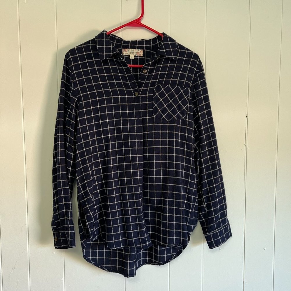 Pink Rose, Size small, Blue plaid button up shirt